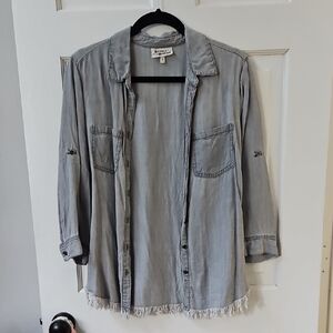 Gray Button-Up Shirt with Fringe Hem